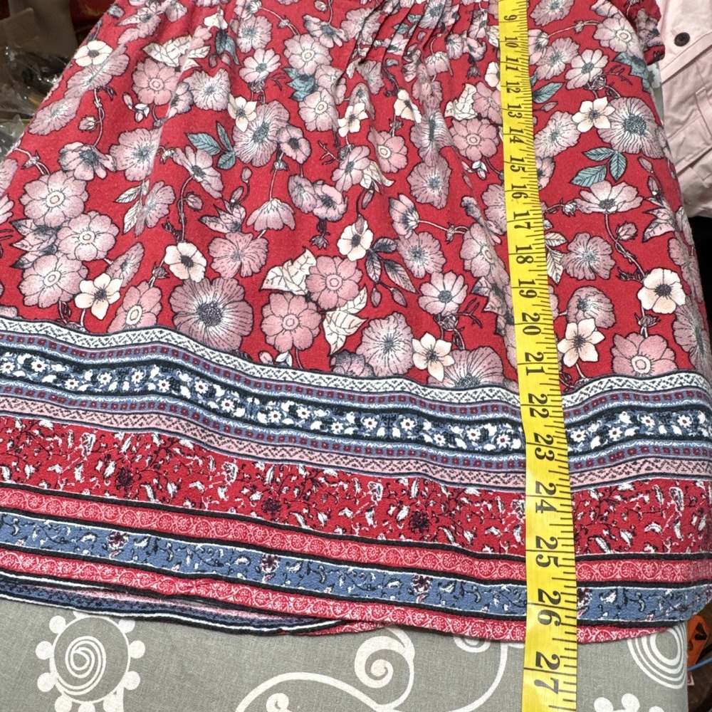 Feelib Womens Red Floral Blouse V-Neck Tie Closure Tasseled Short Sleeve - Picture 6 of 6
